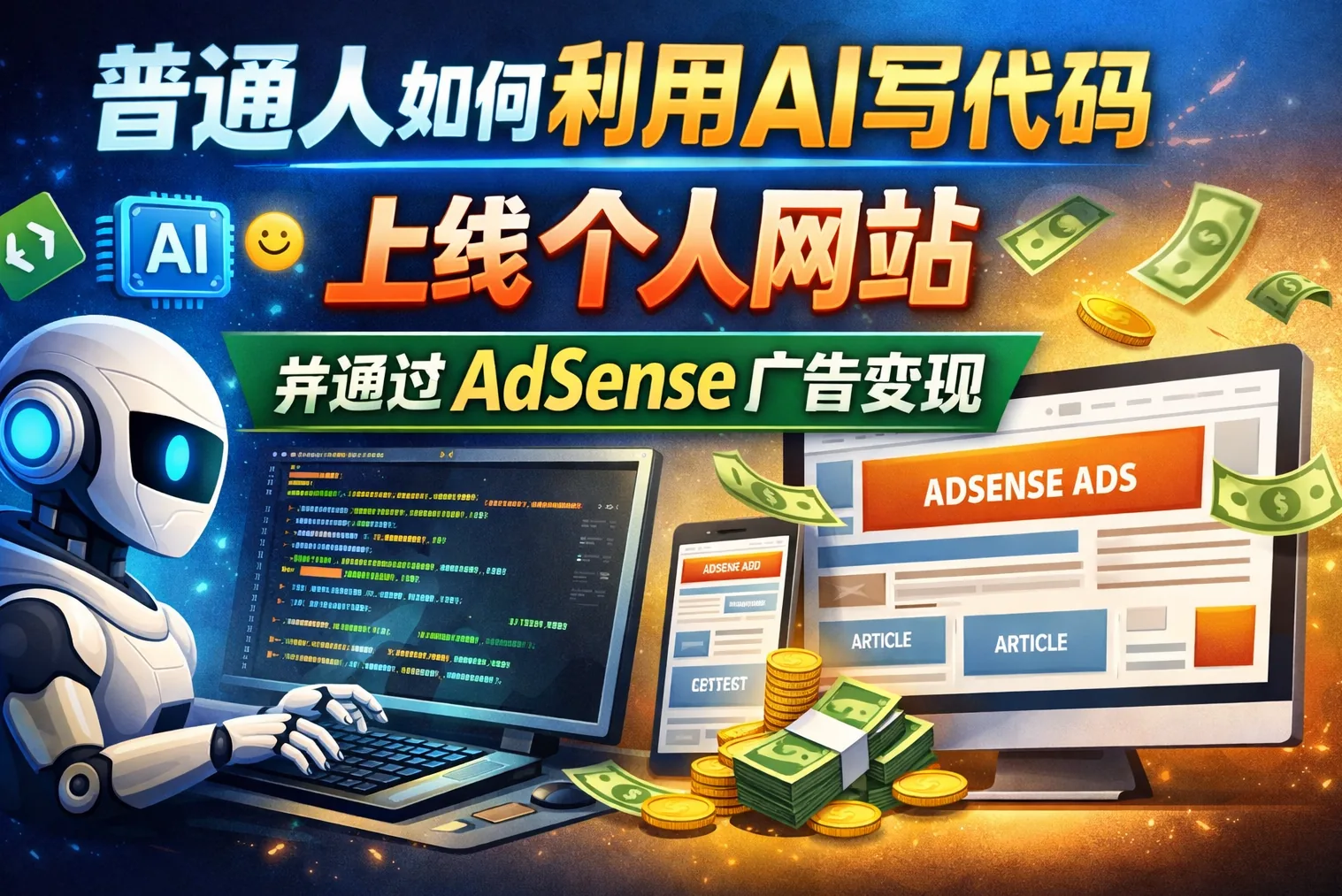 普通人如何利用AI写代码，上线自己的个人网站并通过AdSense广告变现（完整实操指南） 封面